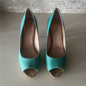 Vince Camuto Teal Woven Peep-Toe Heels
